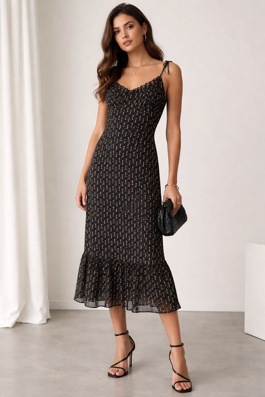 RESET Womens Midi Babydoll Dress Size L Floral Black Ruffles Coquette Fairy